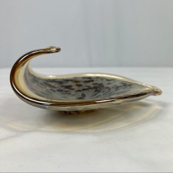 Murano Style Gold Yellow Speckled Art Glass Hand Blown Curved Leaf Shaped Dish - Picture 7 of 10